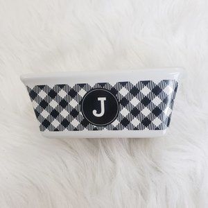 Nantucket J initial mini loaf‎ baking dish with black check design